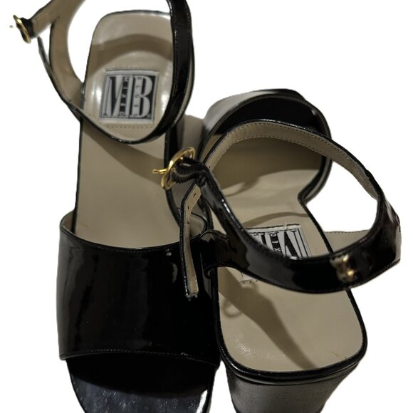 Vintage Mixed Blues Black Patent Leather Low Block Heel Sandals - Picture 3 of 10
